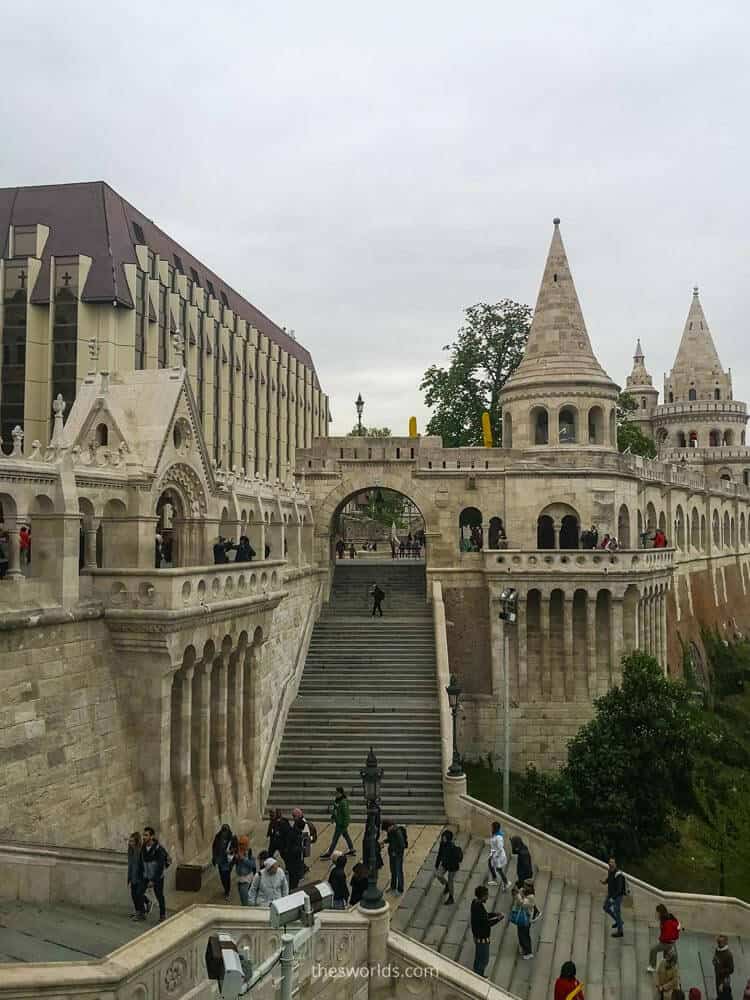 People going up the stairs at Fishermans Bastion in Budapest