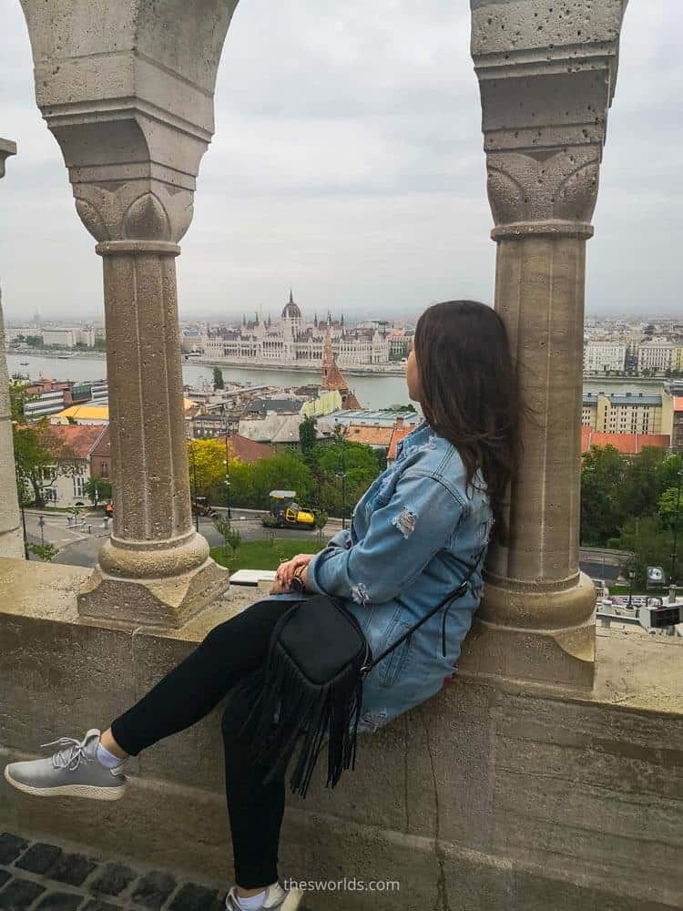 Girl looking at Budapest from Fishermans bastion