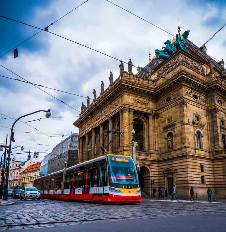 Tram passing by next to Prague National theater