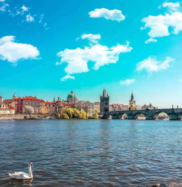 River view with Charles Bridge in background in prague