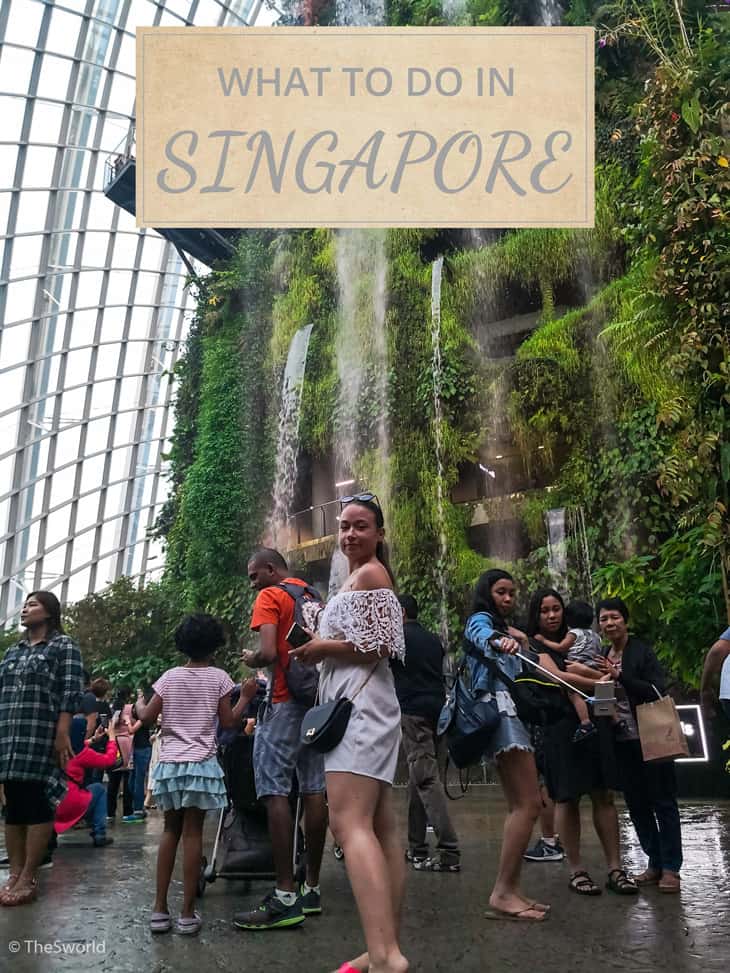 Girl standing in front of waterfall in Singapore