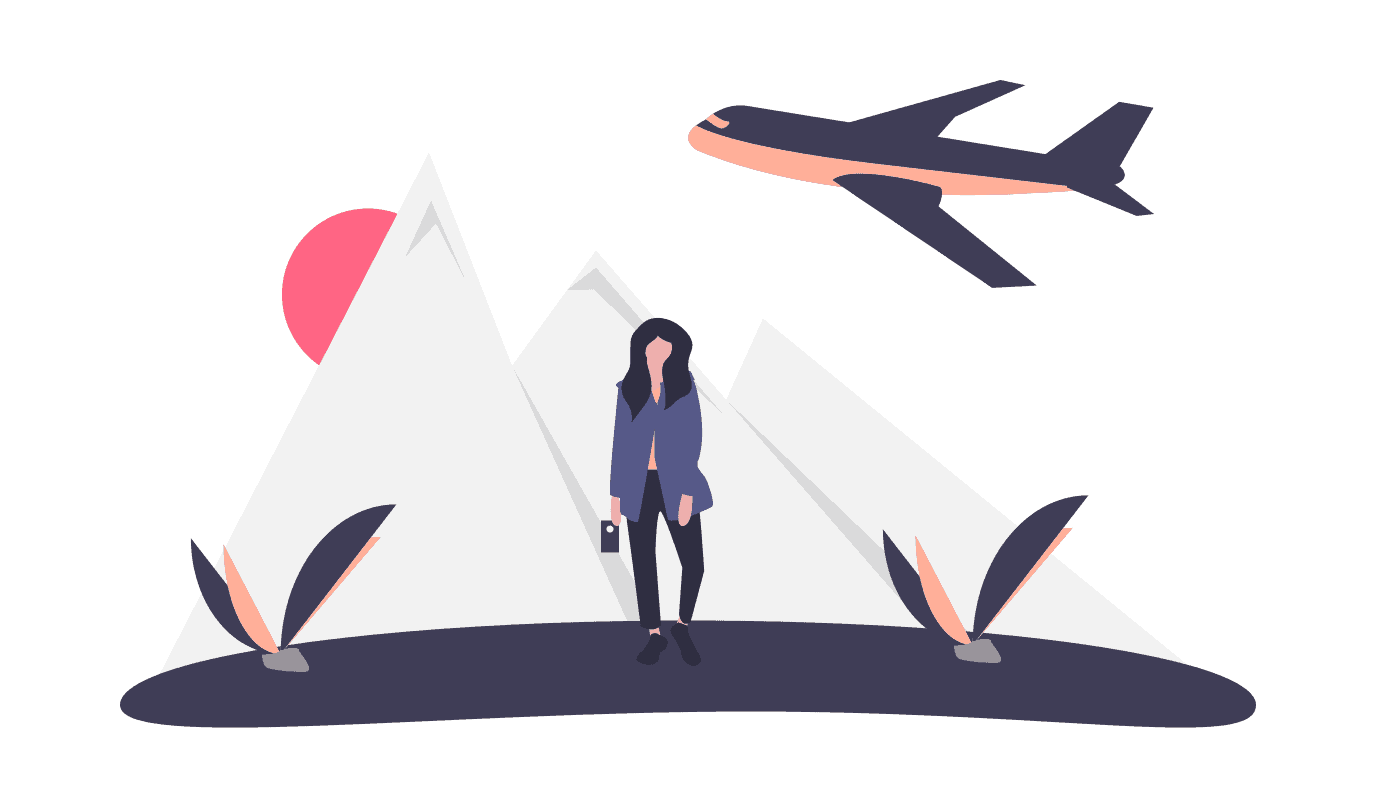 Girl with a plain and mountains in the background illustration