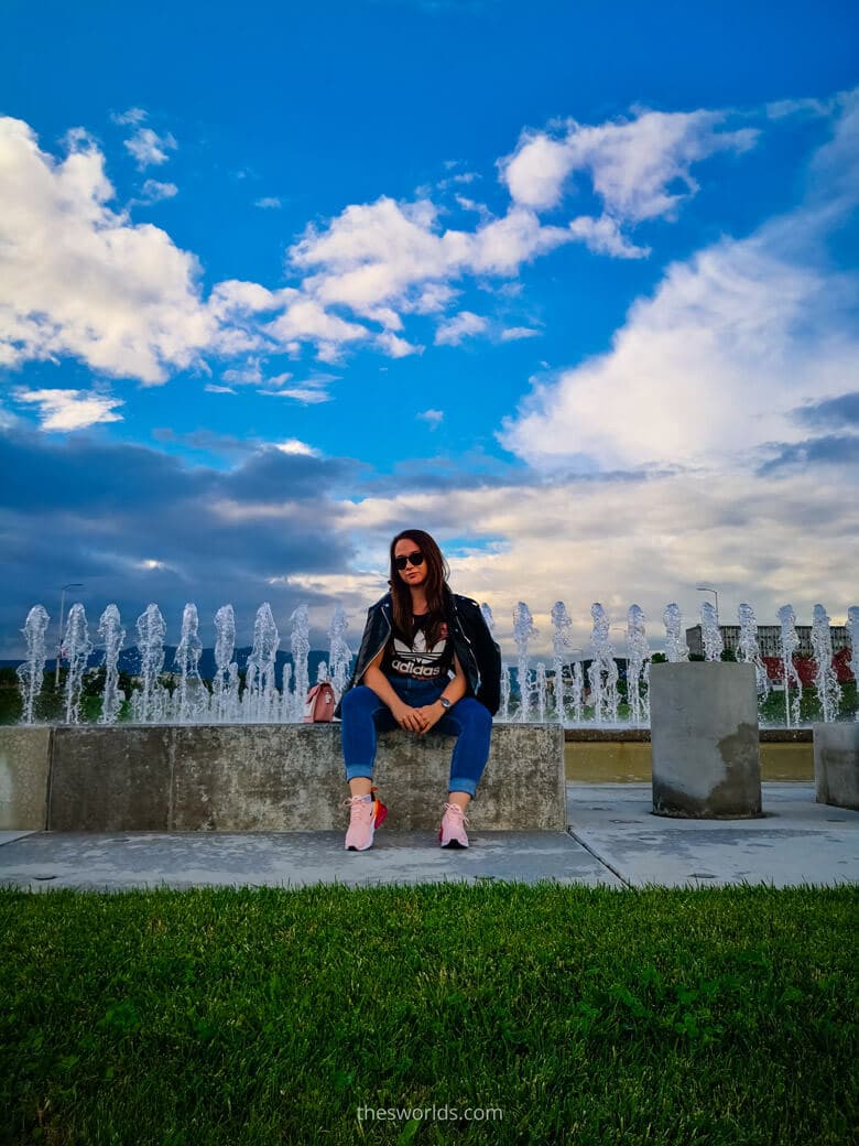 Girl posing in front of Bandic fountains in Zagreb