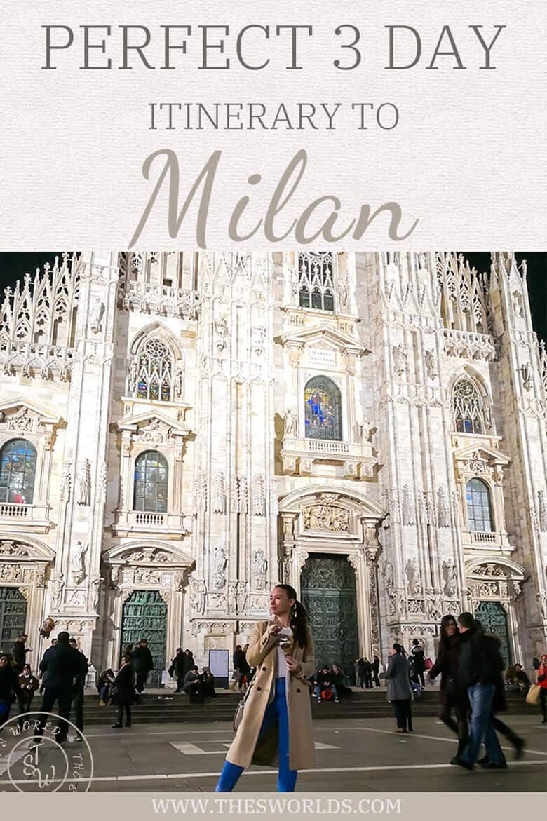 Girl posing in front of Duomo di Milan with caption