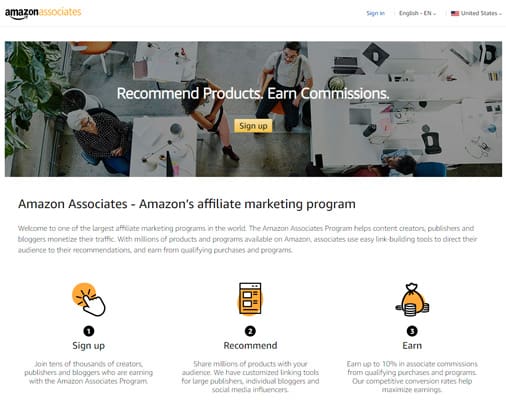 Website view of Amazon affiliates