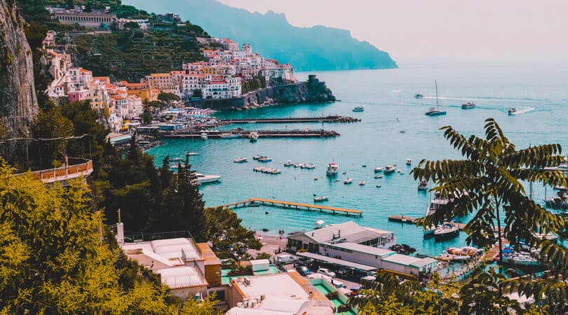 Amalfi coast with buildings and boats in background