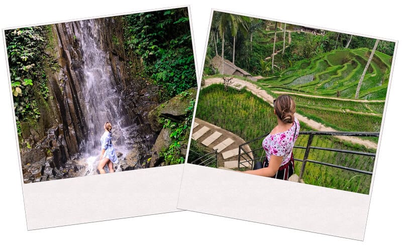 Two images of a person posing at Bali in Indonesia