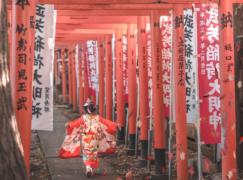Geisha walking between poles in Japan