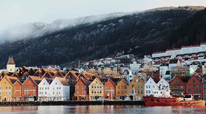 Houses next to river in Bergen, Norway