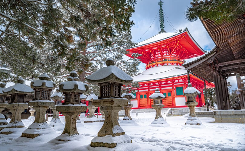 Temple in Tokyo covered with snow