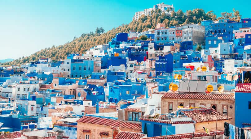 Blue houses on a hill in Morocco