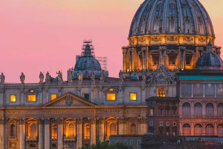 Sunset view of Saint peters basilica in Vatican city